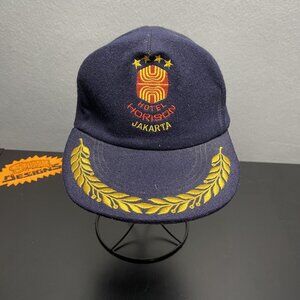Vtg 80s Hotel Horison Jakarta Souvenir Navy Wool Hat Leaf Embroidery Snapback